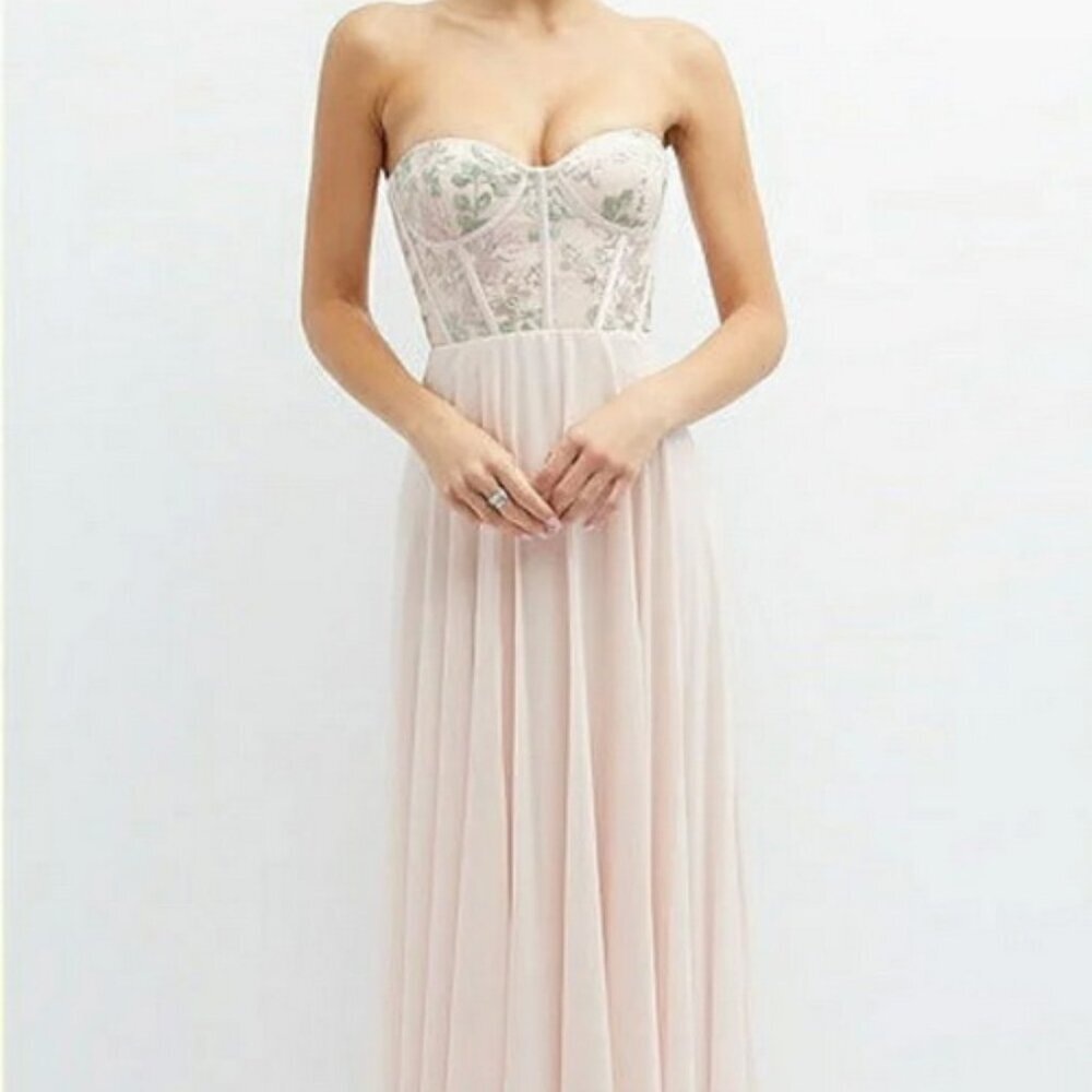 Dessy Collection Blush Pink Strapless Floral Emroidered Gown 3136